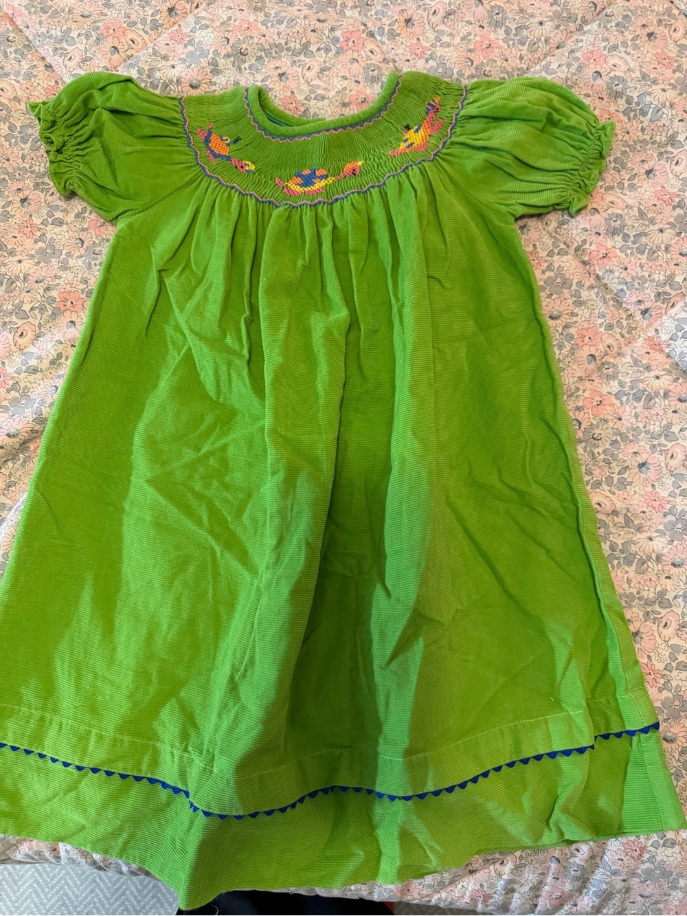 Green Smocked Girls' Dress with Embroidered Detail